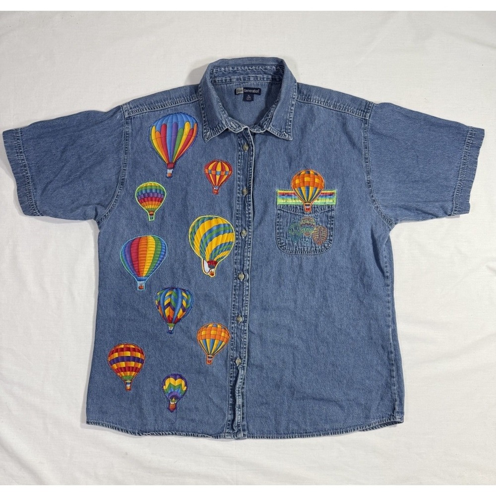 BLUE GENERATION Denim Womens Shirt Sz XL Hot Air Balloon Button Up Y2K  Cotton